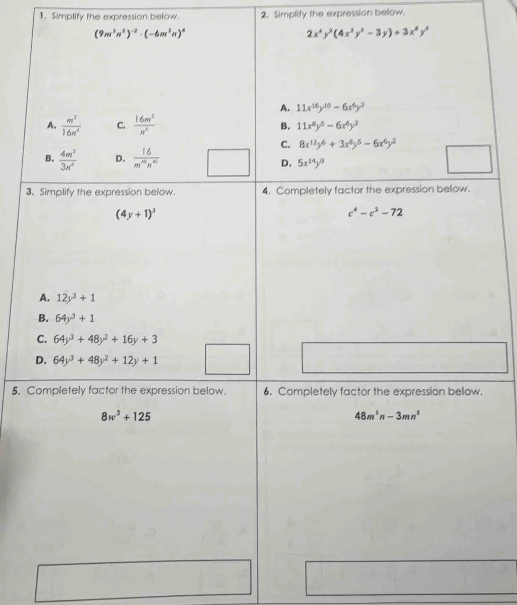 1. simplify the expression below. $(9m^3n^6)^{-2} cdot (-6m^2n)^4$ a. $…