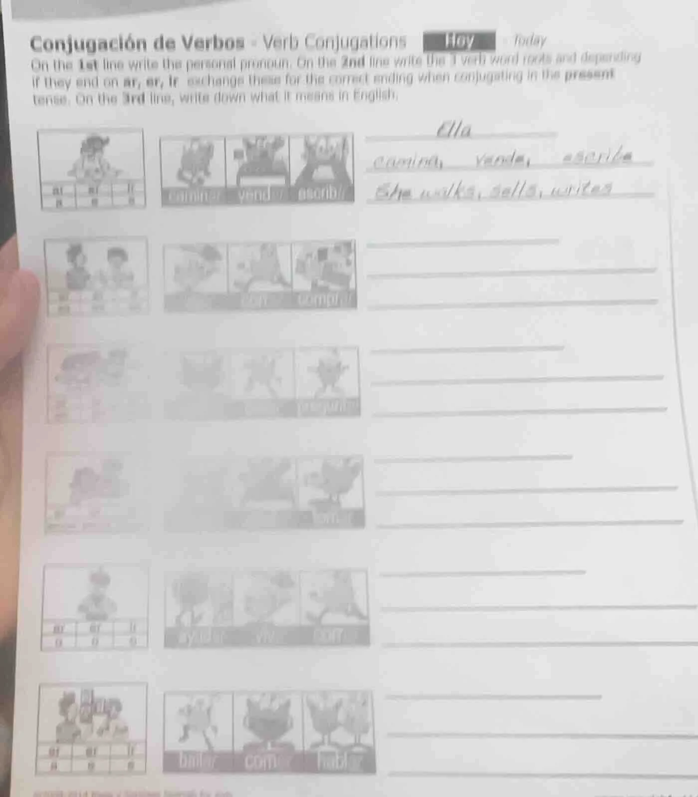 conjugación de verbos - verb conjugations hoy today on the 1st line wri…