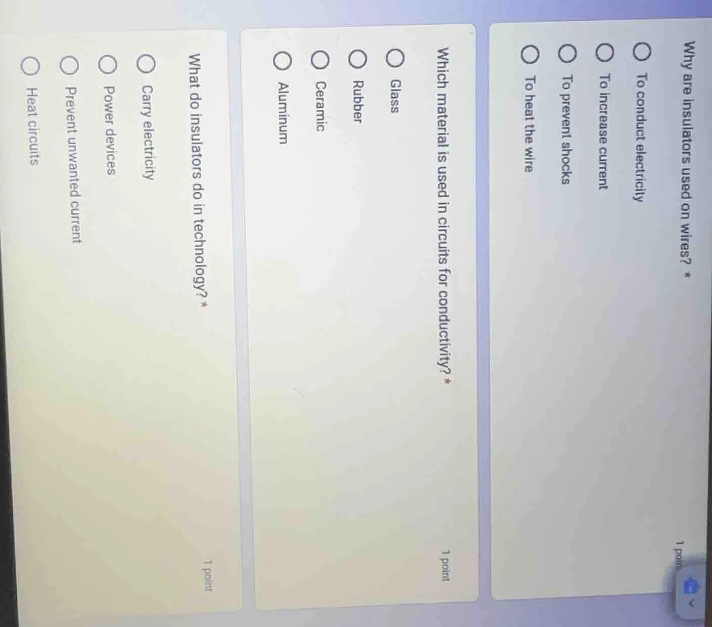 why are insulators used on wires? * ○ to conduct electricity ○ to incre…