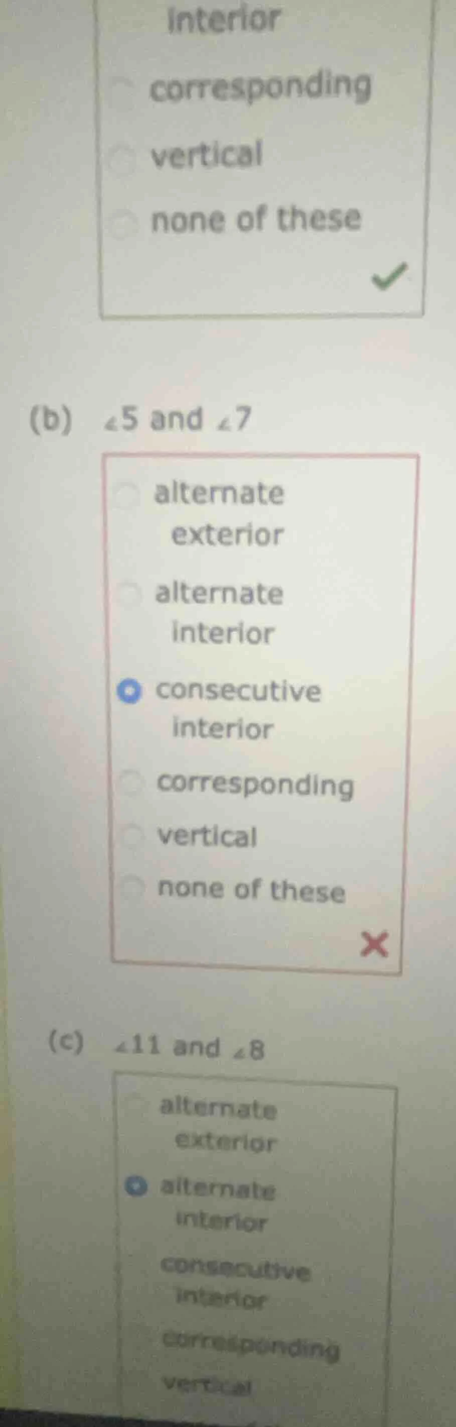 (b) ∠5 and ∠7 (c) ∠11 and ∠8