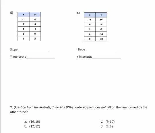 5) | x | y | | -2 | -6 | | 0 | -4 | | 1 | -2 | | 2 | 0 | | 3 | 2 | slop…