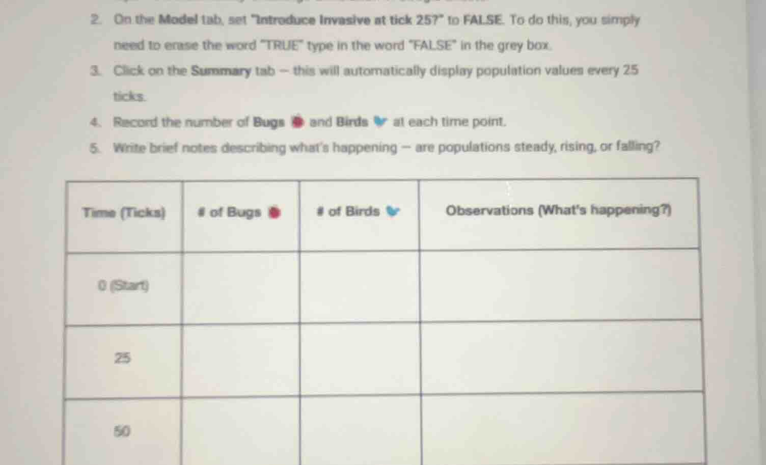 2. on the model tab, set \introduce invasive at tick 25?\ to false. to …