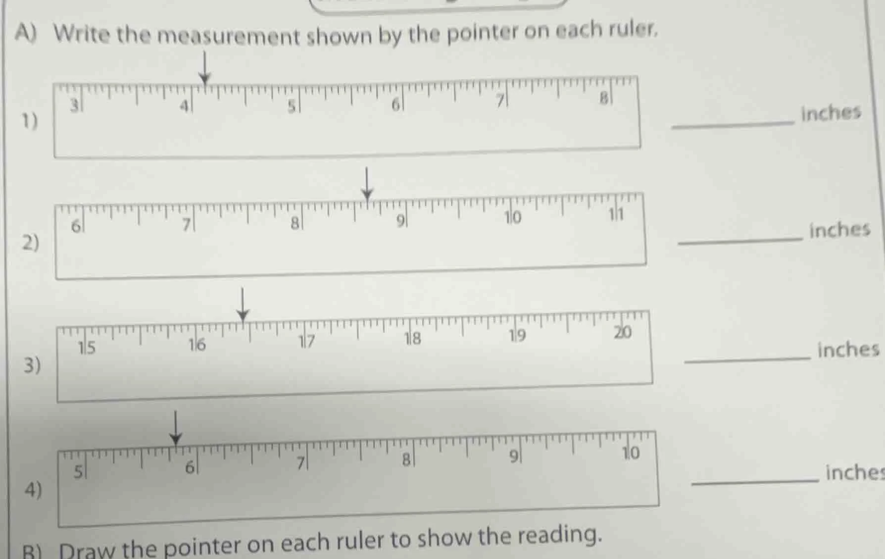 a) write the measurement shown by the pointer on each ruler. 1) _______…