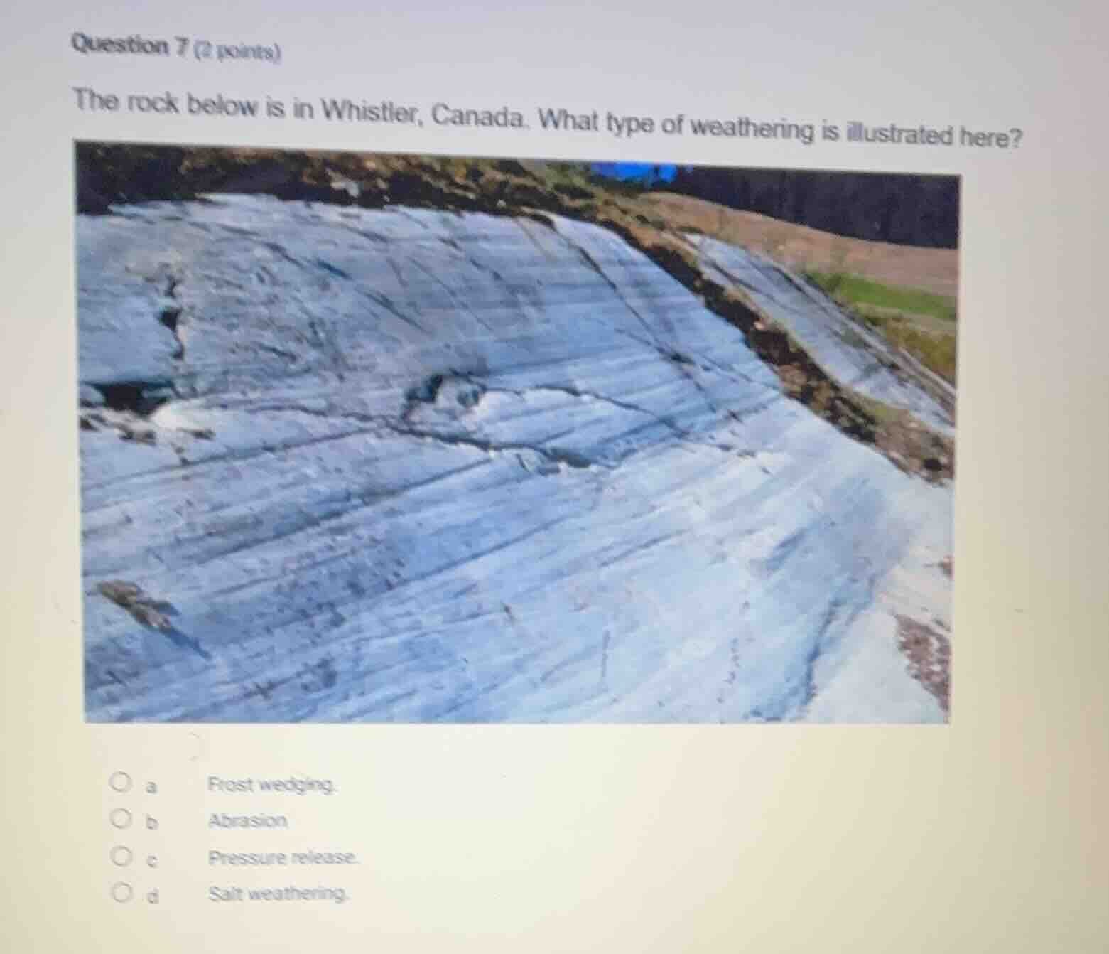 question 7 (2 points) the rock below is in whistler, canada. what type …