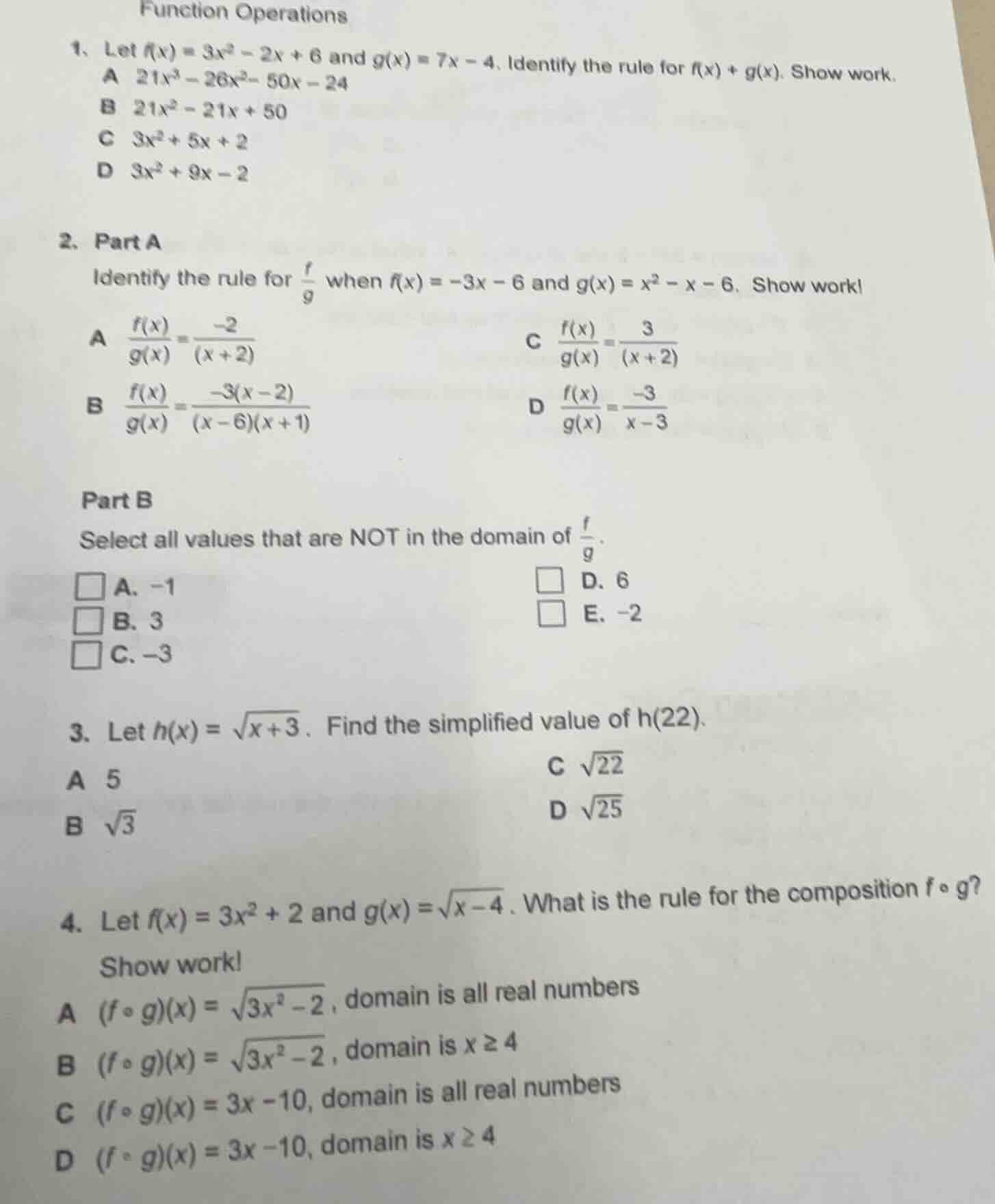 function operations 1、let ( f(x) = 3x^2 - 2x + 6 ) and ( g(x) = 7x - 4 …