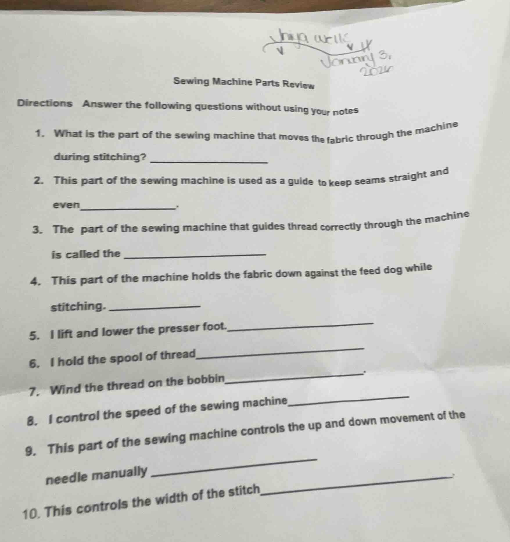 sewing machine parts review directions answer the following questions w…