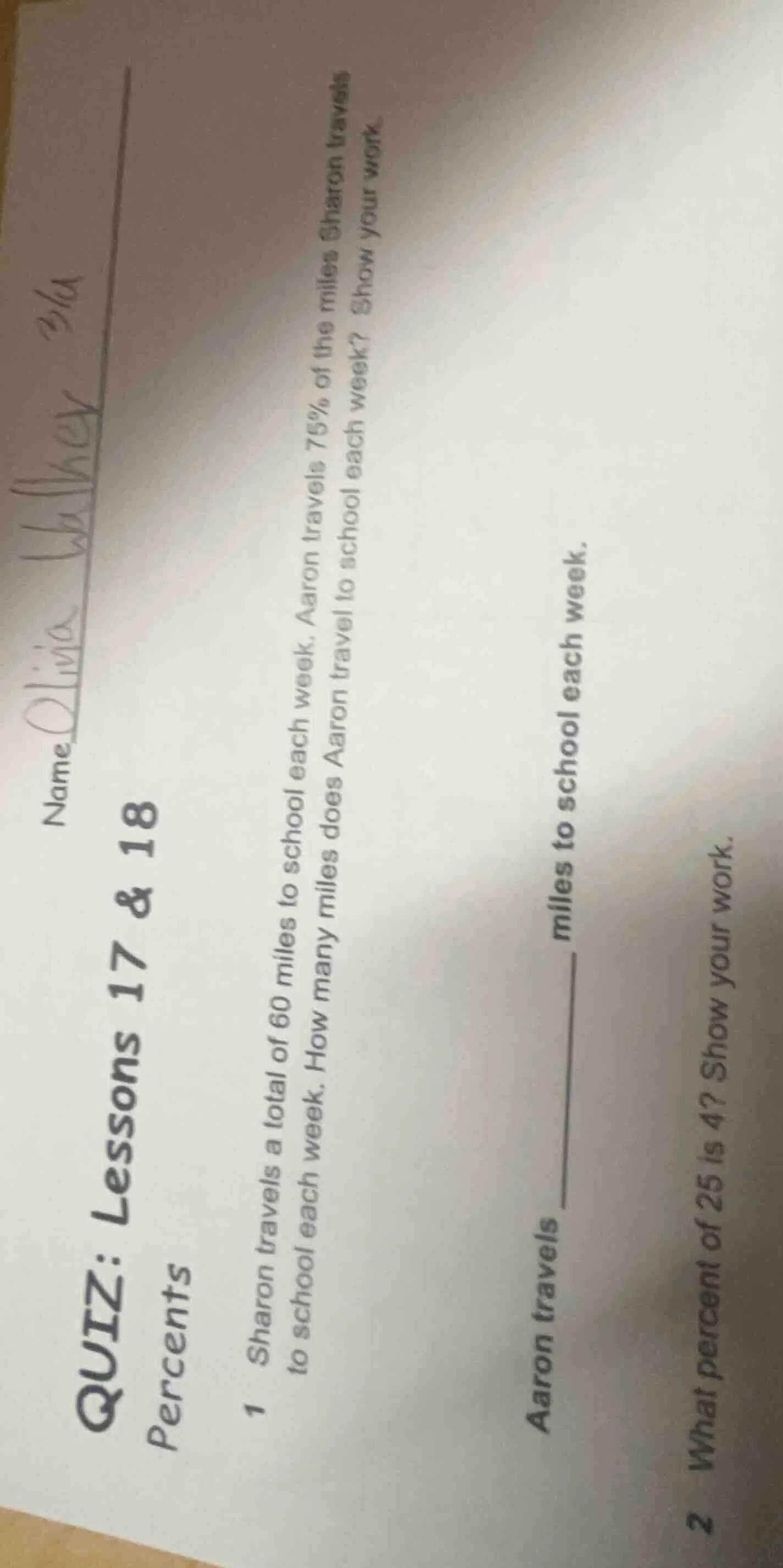 quiz: lessons 17 & 18 percents 1 sharon travels a total of 60 miles to …