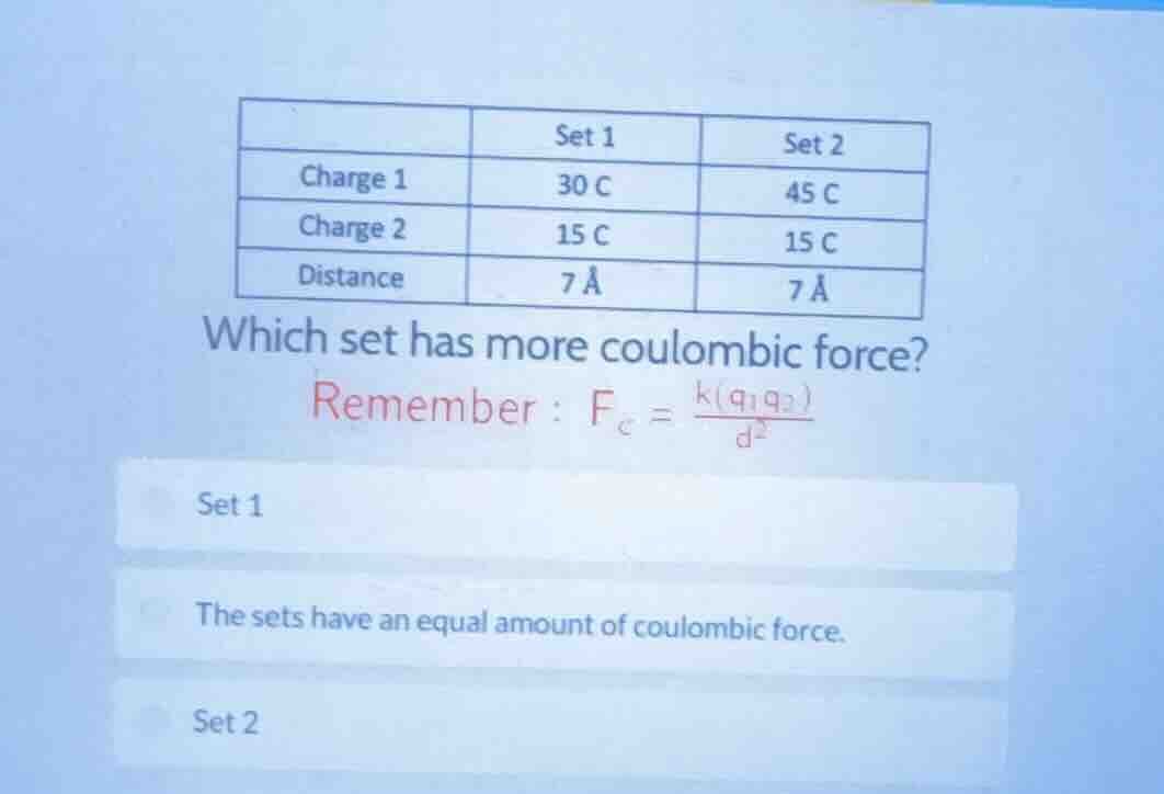 | | set 1 | set 2 | | charge 1 | 30 c | 45 c | | charge 2 | 15 c | 15 c…