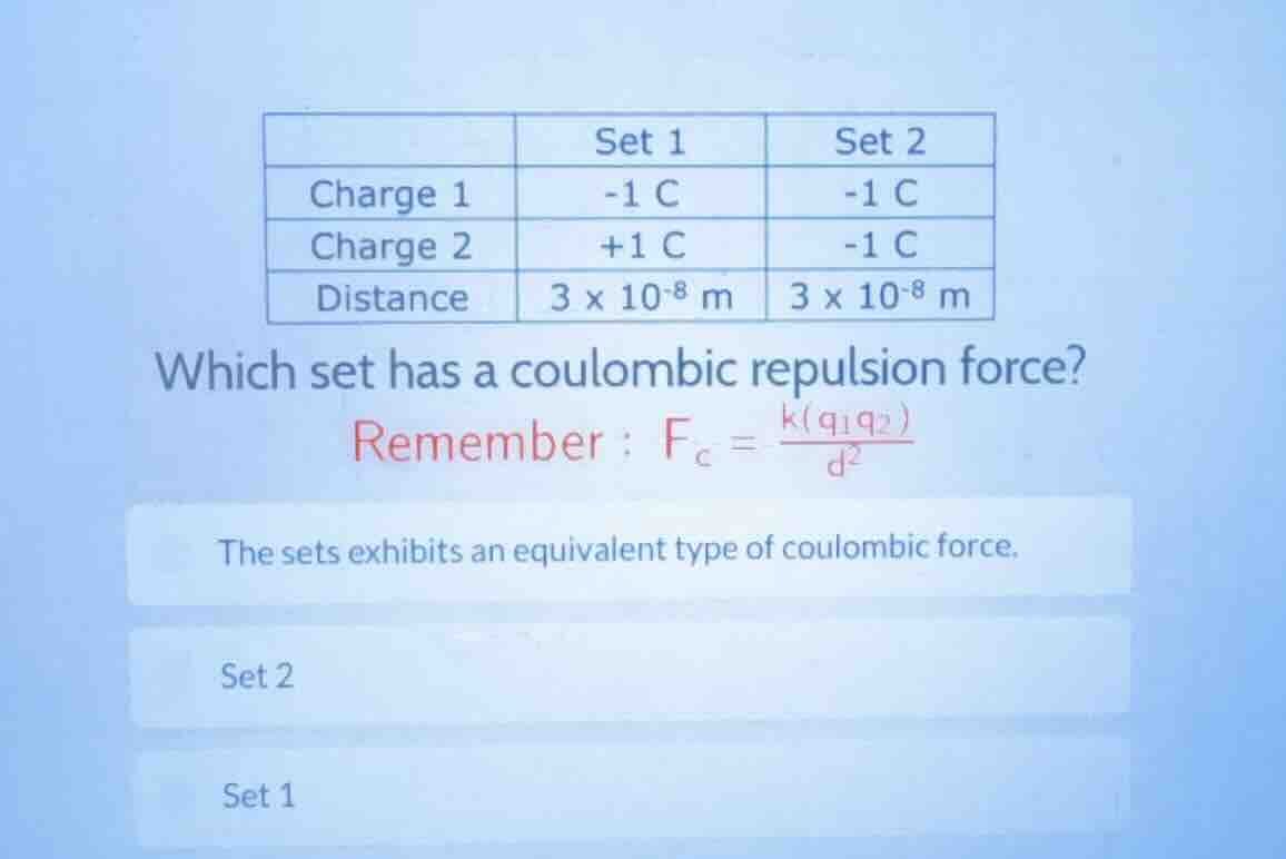 | | set 1 | set 2 | | charge 1 | -1 c | -1 c | | charge 2 | +1 c | -1 c…