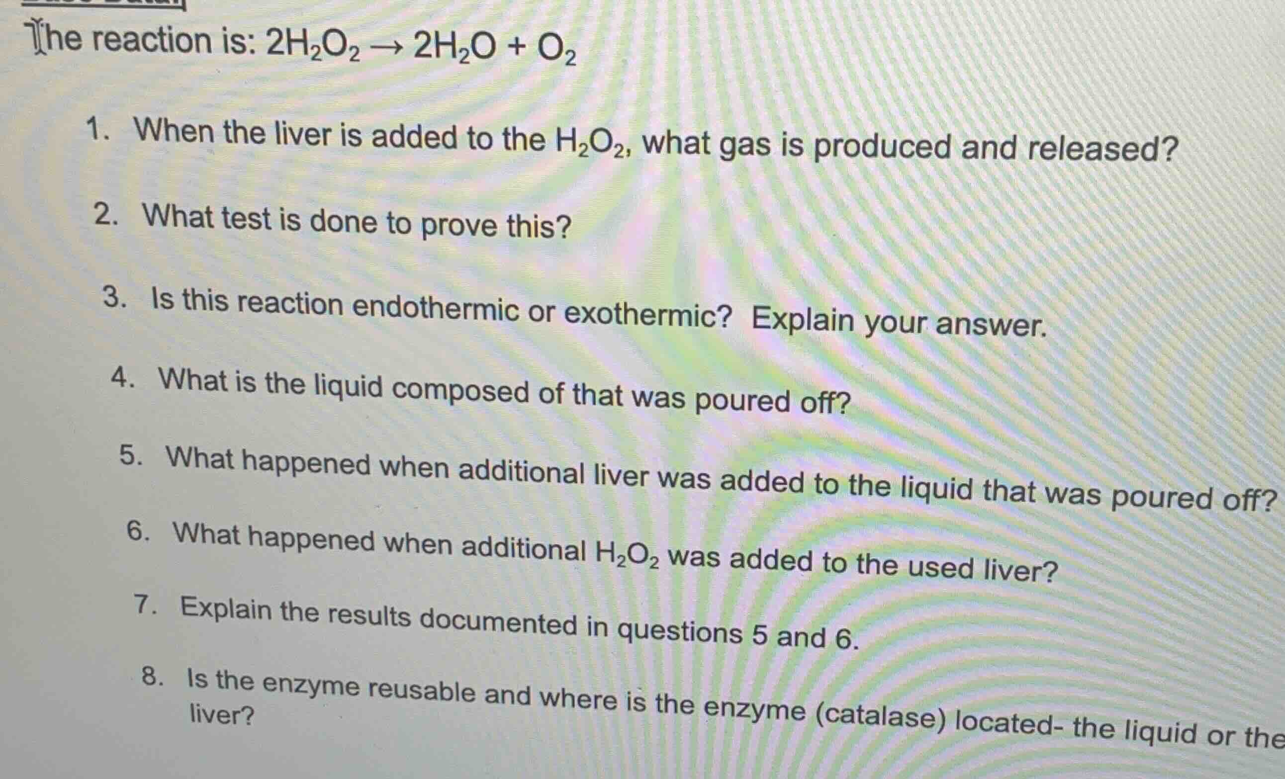 the reaction is: $2\\ce{h_{2}o_{2}} \ ightarrow 2\\ce{h_{2}o} + \\ce{o_…