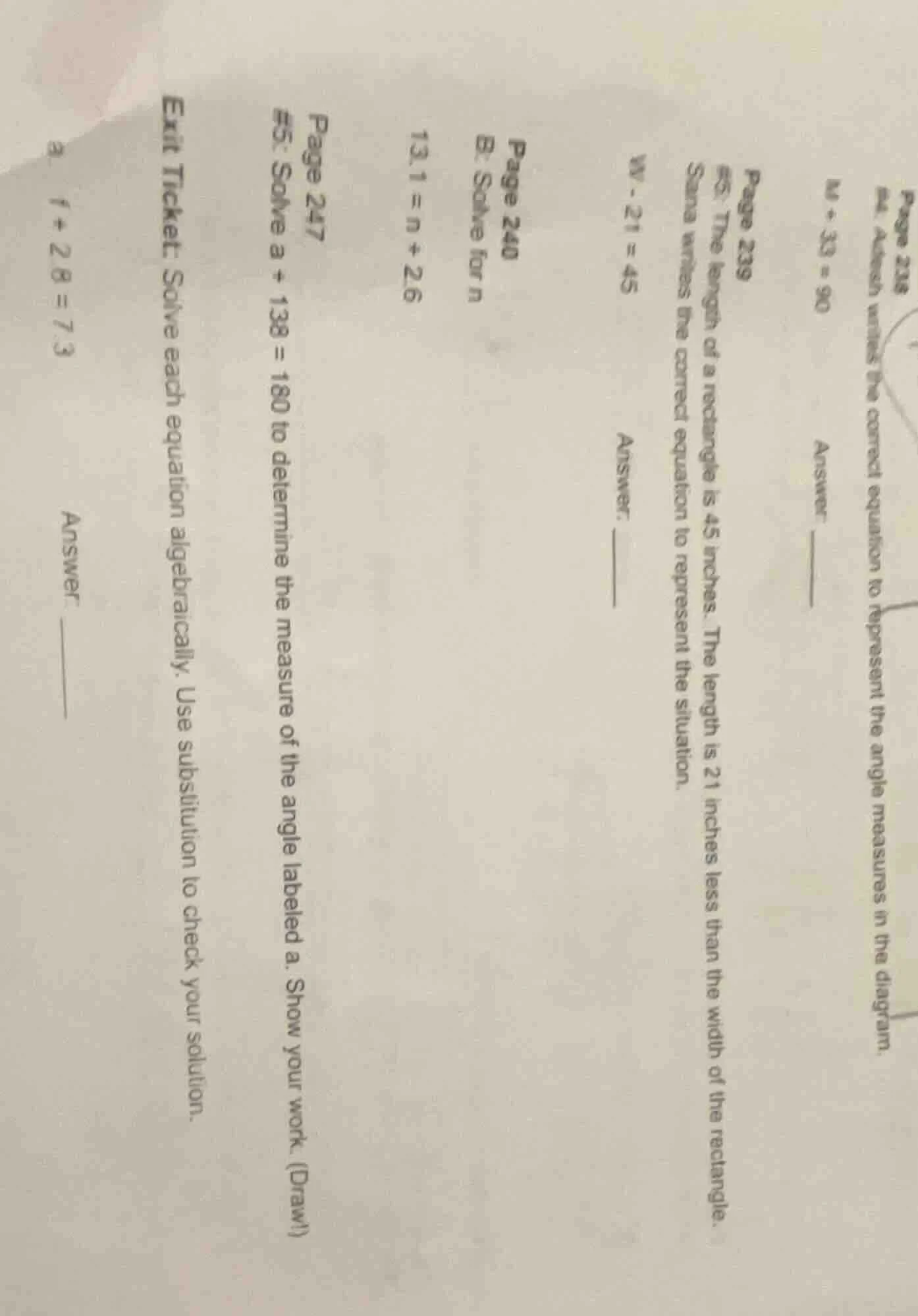 page 238 #4. adesh writes the correct equation to represent the angle m…