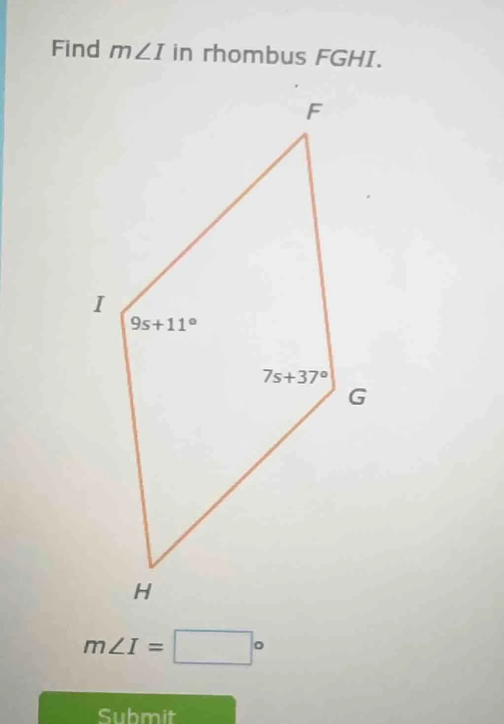 find ( mangle i ) in rhombus ( fghi ). ( mangle i = square^circ ) submit