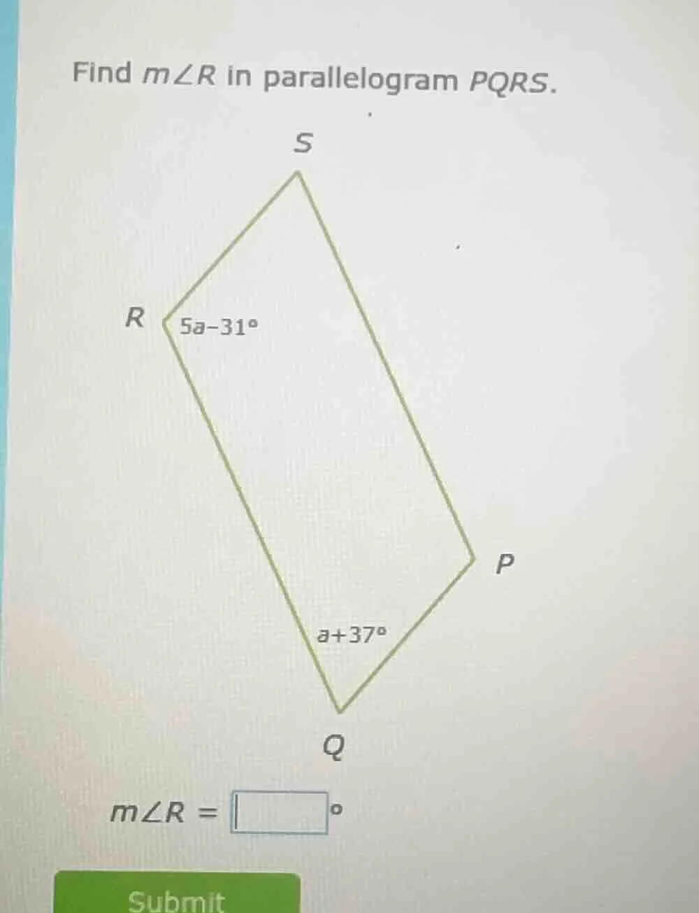 find ( mangle r ) in parallelogram ( pqrs ). ( mangle r = square^circ )