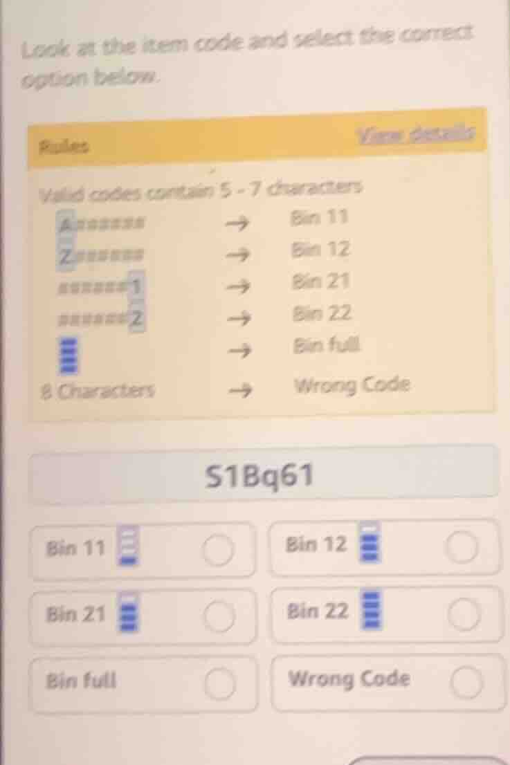 look at the item code and select the correct option below. rules view d…