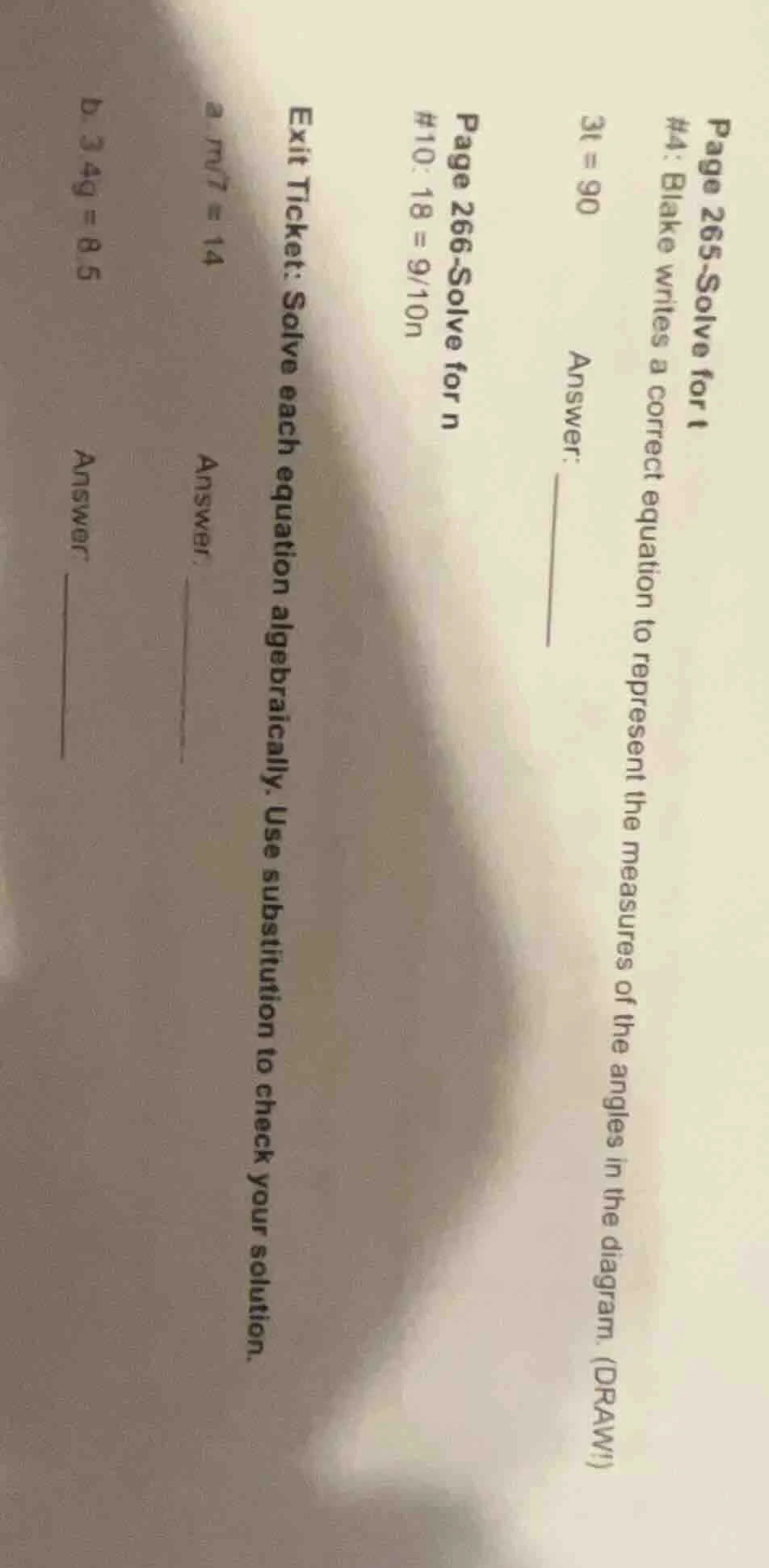 page 265 - solve for t #4: blake writes a correct equation to represent…