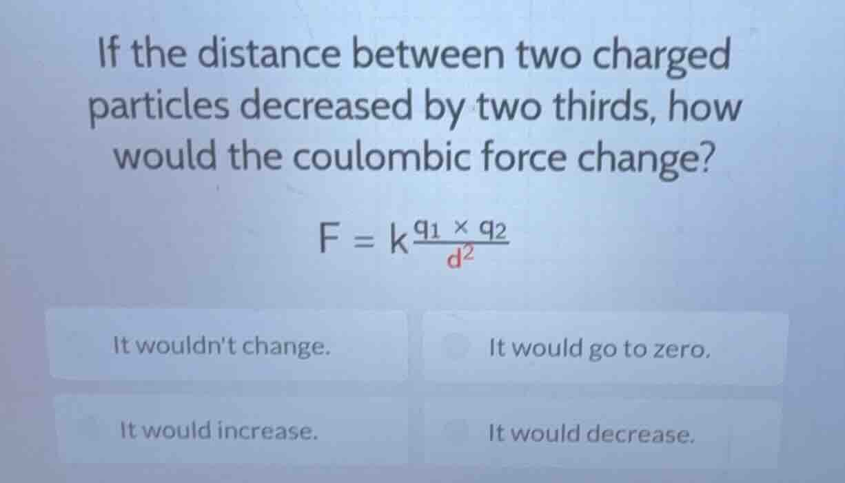 if the distance between two charged particles decreased by two thirds, …