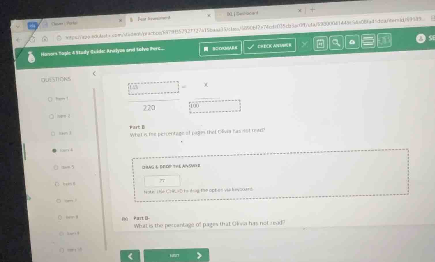 part b what is the percentage of pages that olivia has not read? drag &…