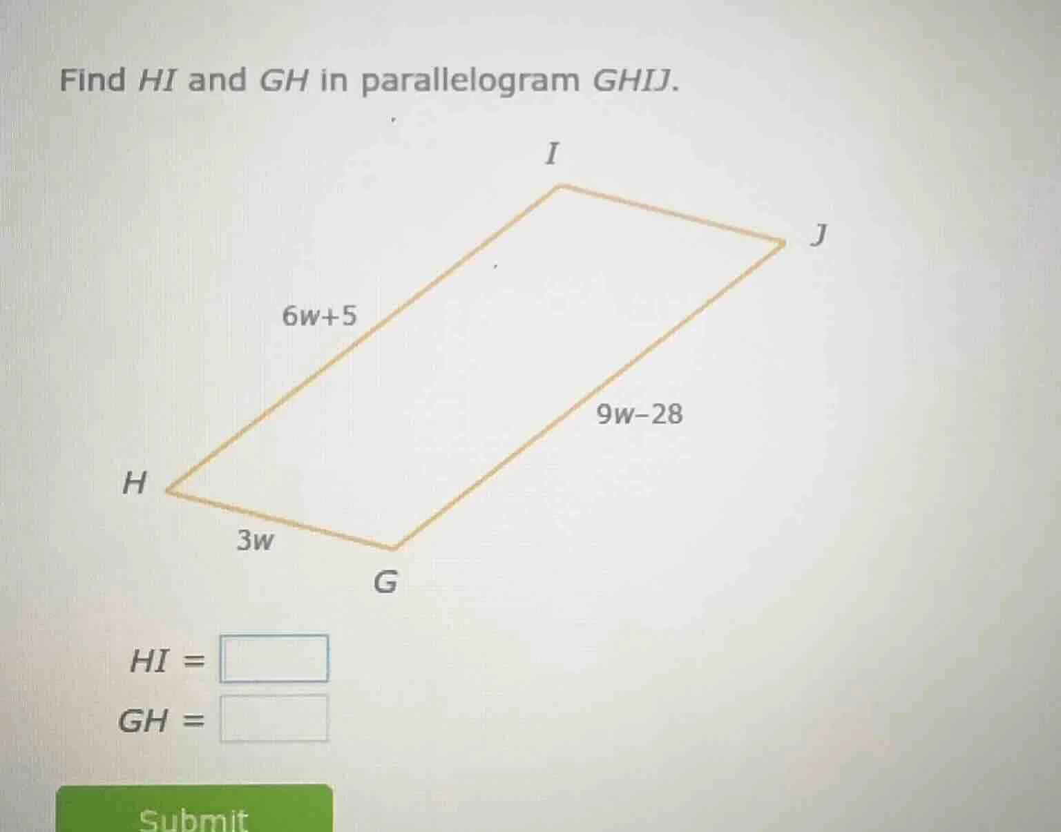 find hi and gh in parallelogram ghij. hi = gh =