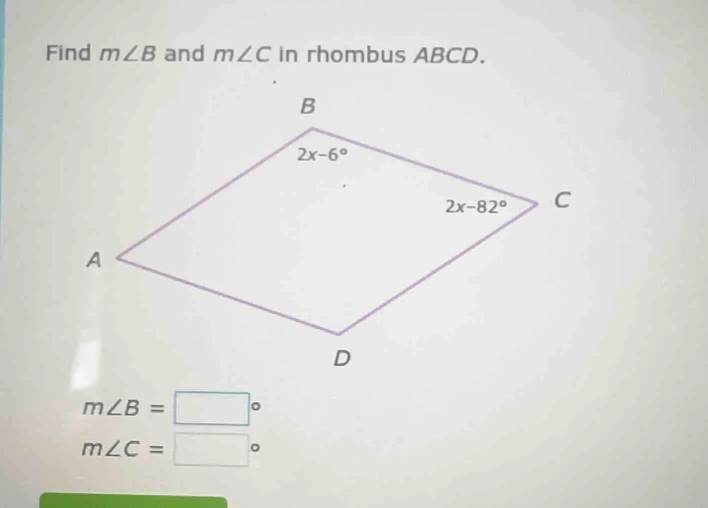 find ( mangle b ) and ( mangle c ) in rhombus ( abcd ). ( mangle b = sq…