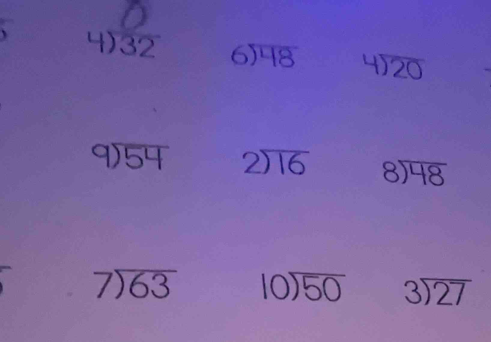4)32 6)48 4)20 9)54 2)16 8)48 7)63 10)50 3)27
