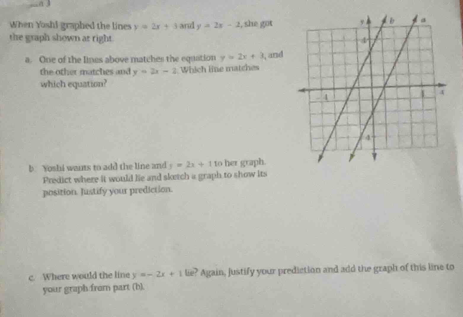 when yoshi graphed the lines $y = 2x + 3$ and $y = 2x - 2$, she got the…