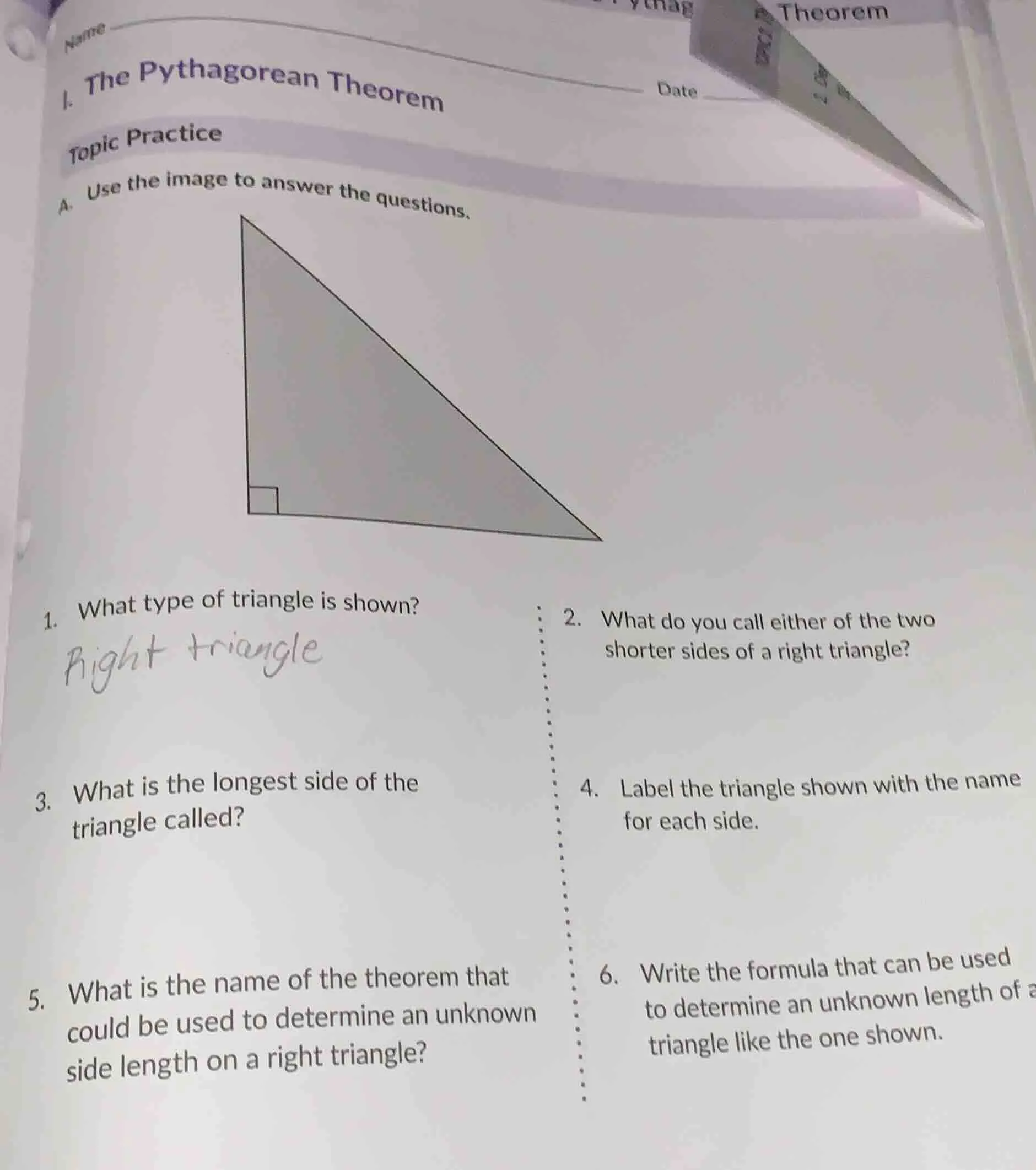 name date 1. the pythagorean theorem topic practice a. use the image to…