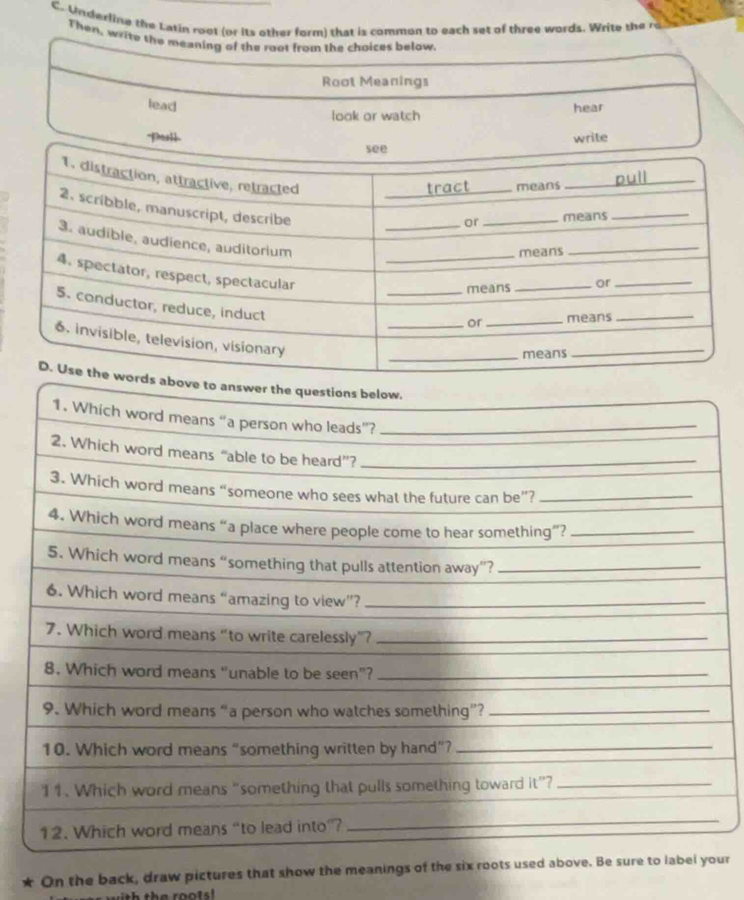 c. underline the latin root (or its other form) that is common to each …