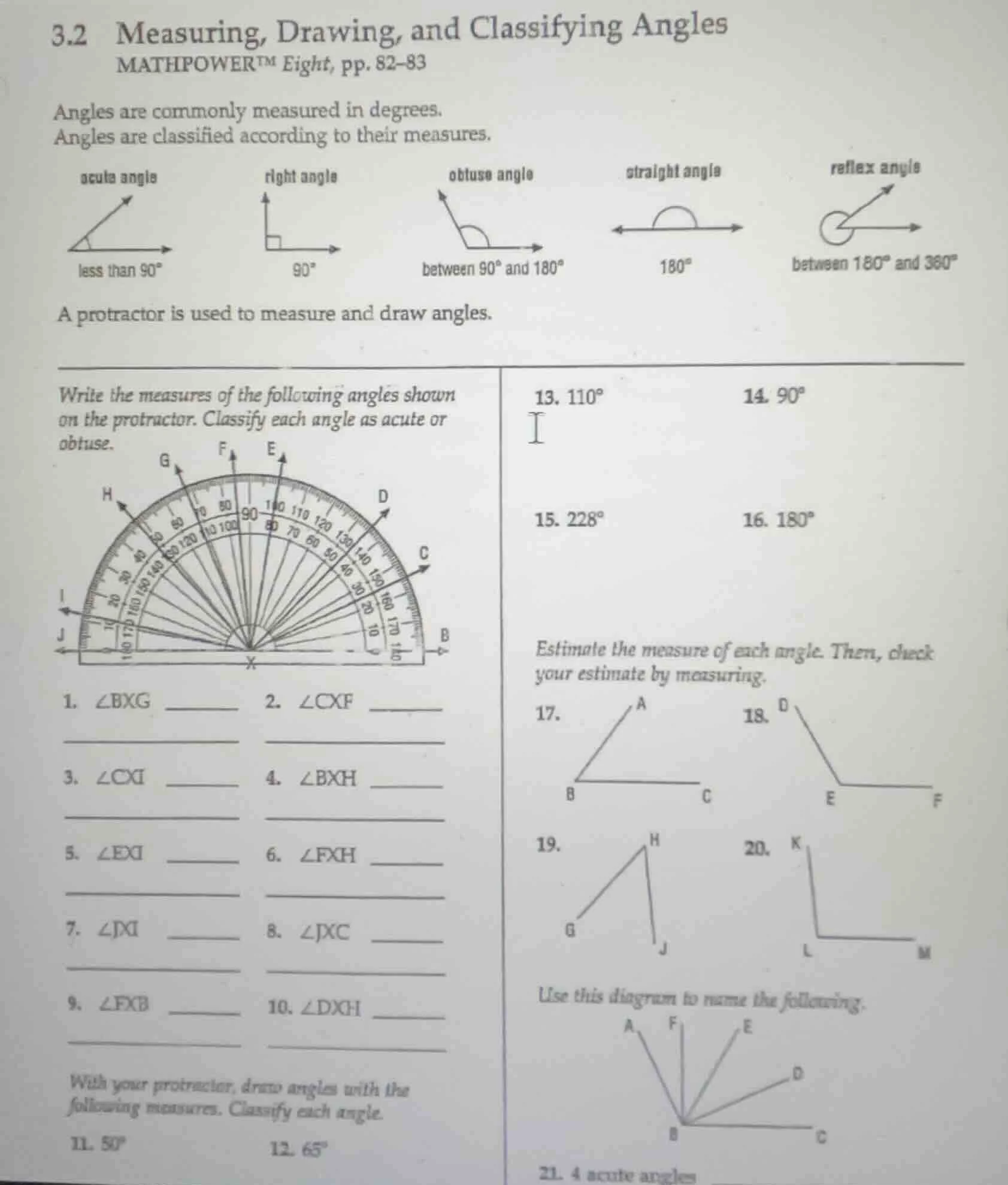 3.2 measuring, drawing, and classifying angles mathpower™ eight, pp. 82…