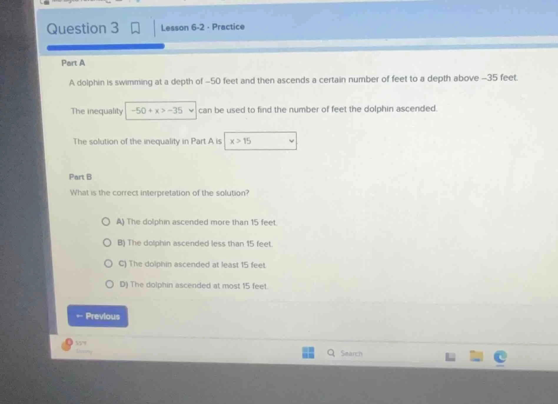 question 3 lesson 6-2 · practice part a a dolphin is swimming at a dept…