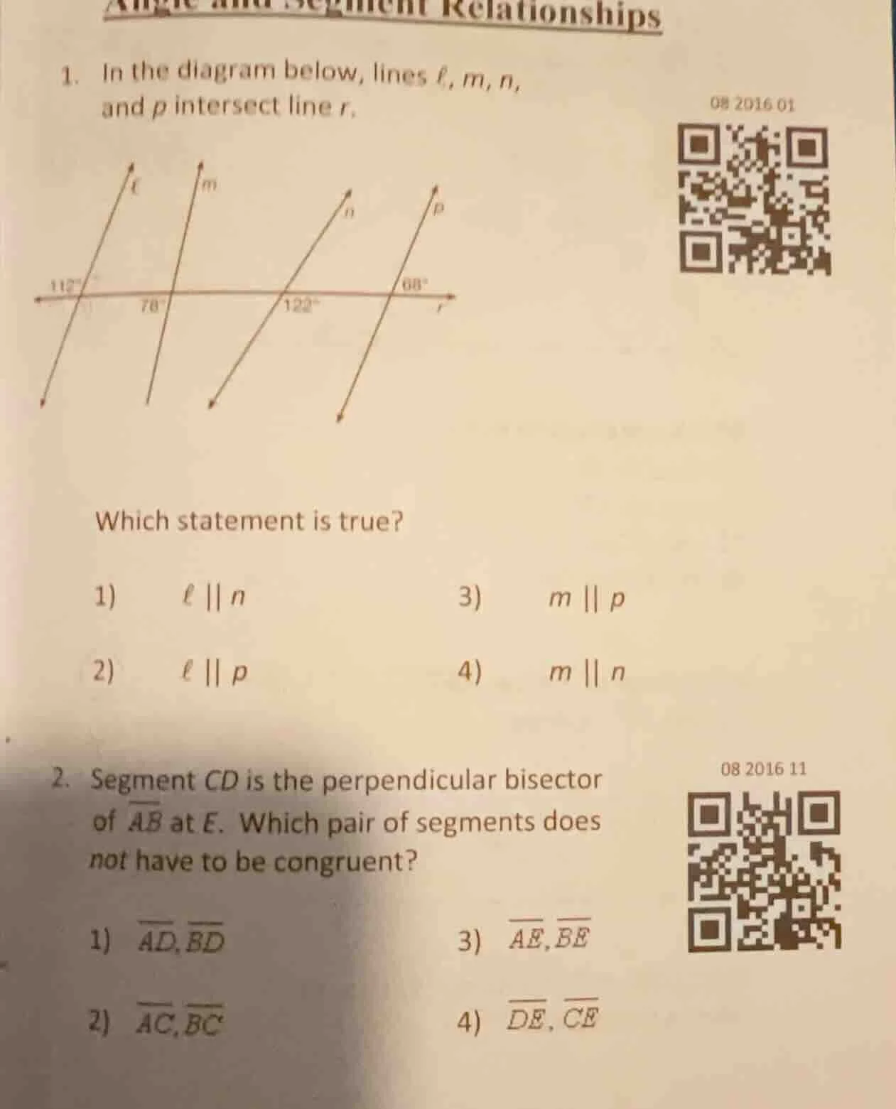 angle and segment relationships 1. in the diagram below, lines ( ell ),…