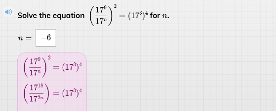 solve the equation \\(\\left(\\frac{17^9}{17^n}\ ight)^2 = (17^3)^4\\) …