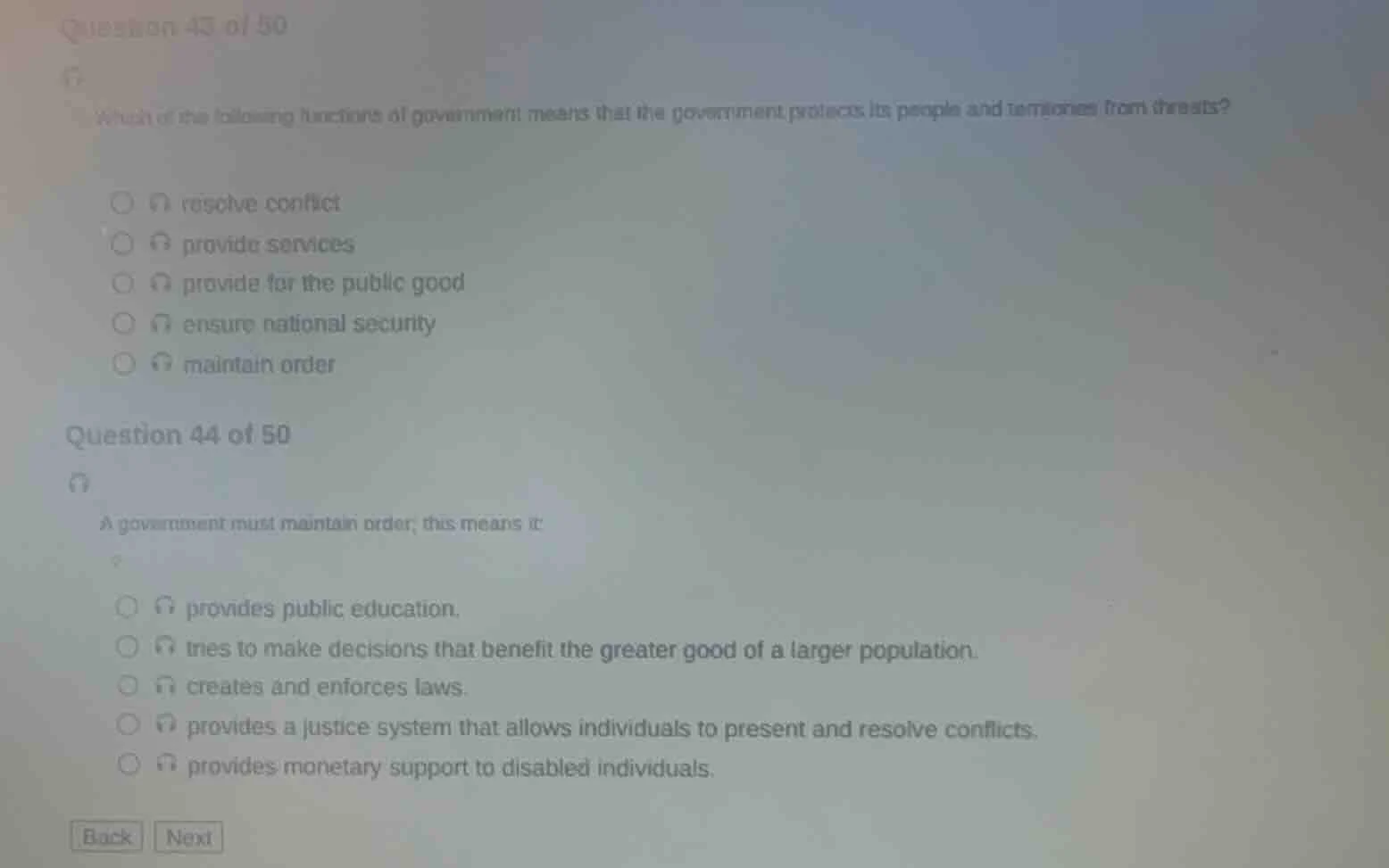 question 43 of 50 which of the following functions of government means …