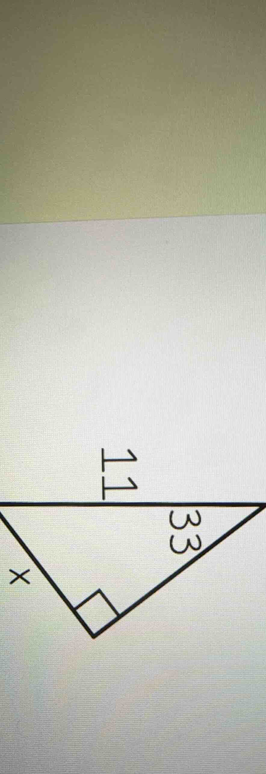 in a right triangle, the hypotenuse is 33, one leg is 11, and the other…