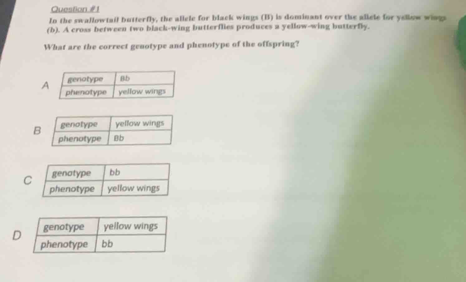 question #1 in the swallowtail butterfly, the allele for black wings (b…