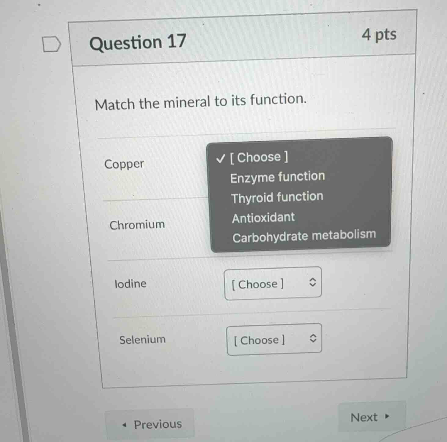question 17 4 pts match the mineral to its function. copper choose enzy…
