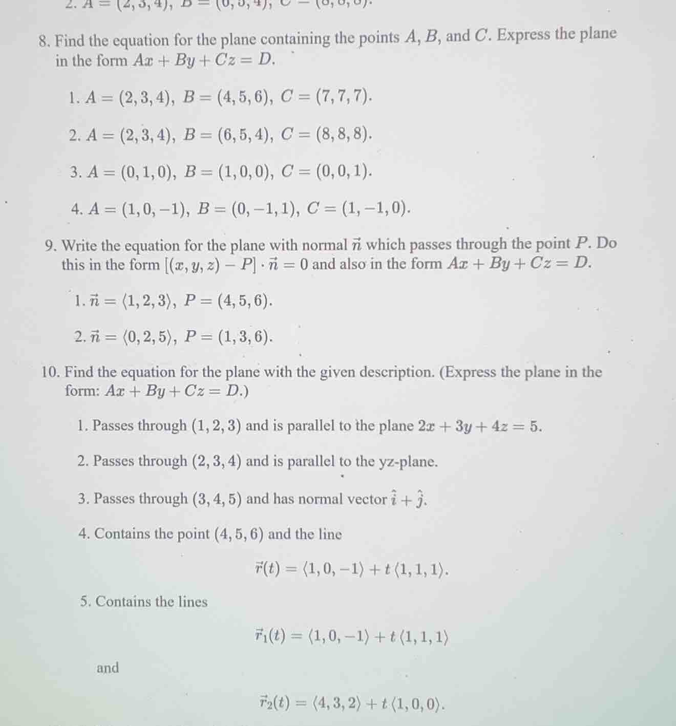 8. find the equation for the plane containing the points a, b, and c. e…