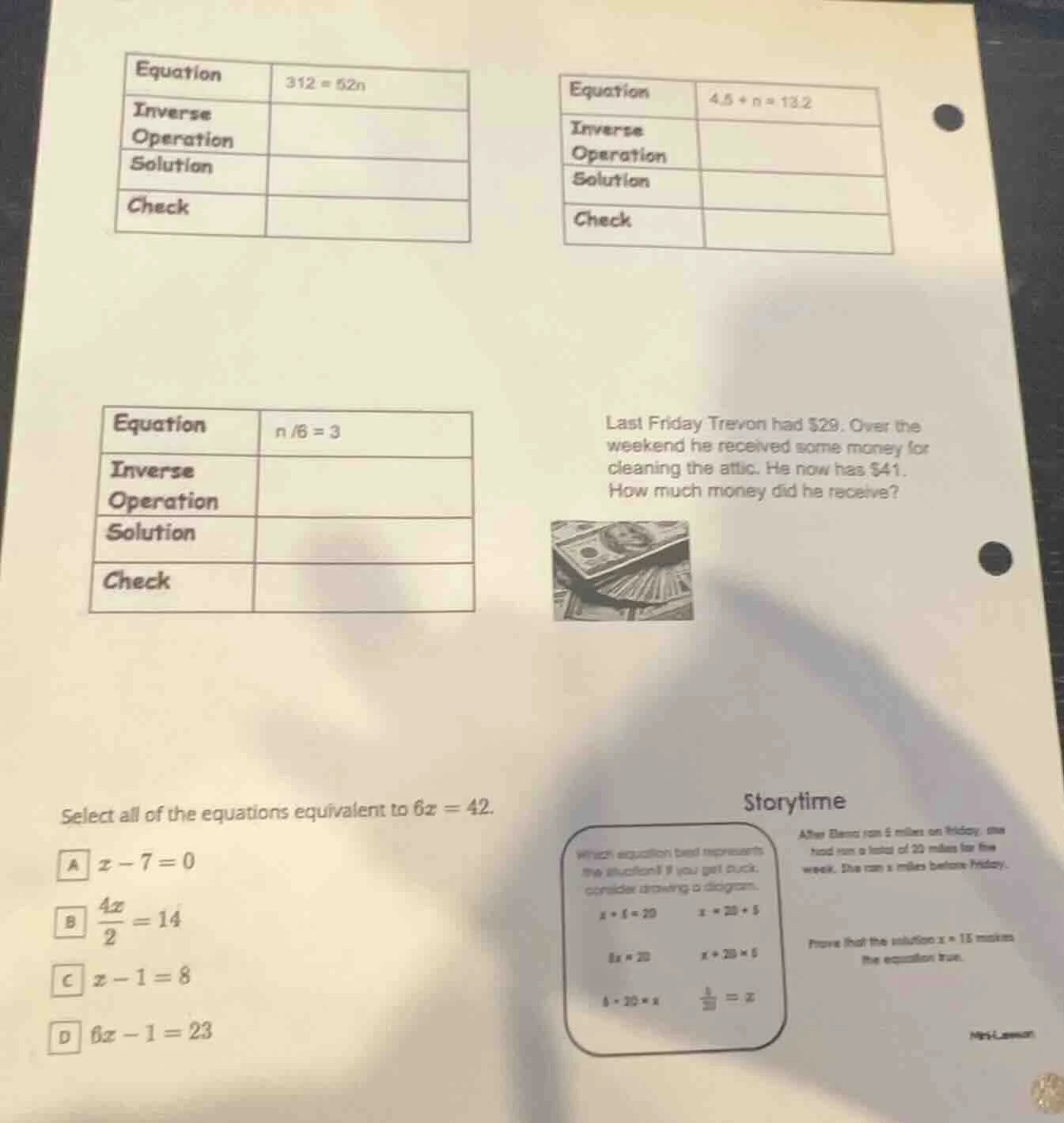 equation 312 = 52n inverse operation solution check equation 4.5 + n = …