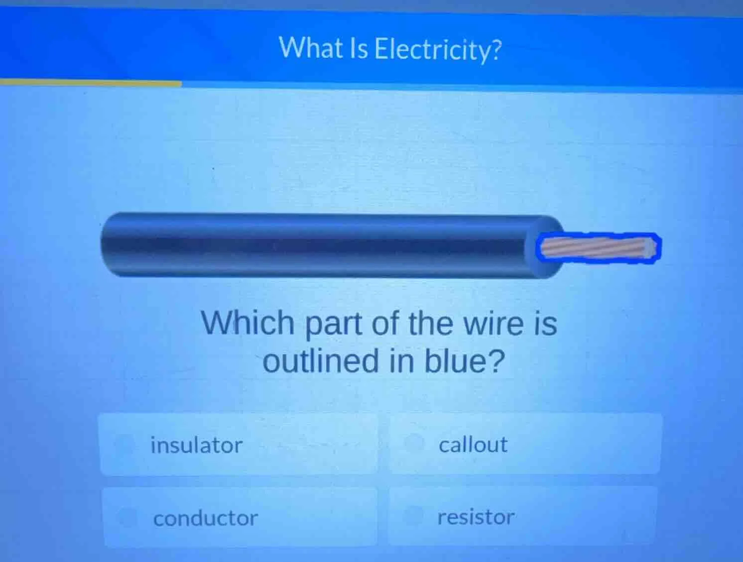 what is electricity? which part of the wire is outlined in blue? insula…