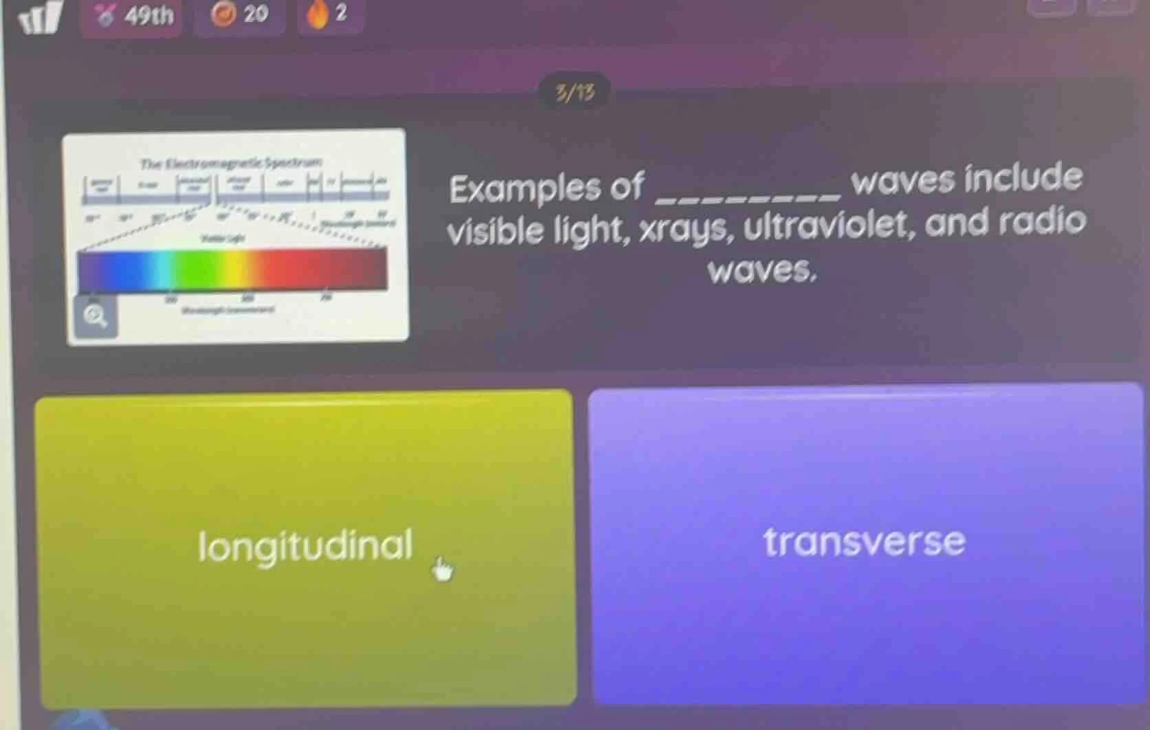 examples of _______ waves include visible light, xrays, ultraviolet, an…