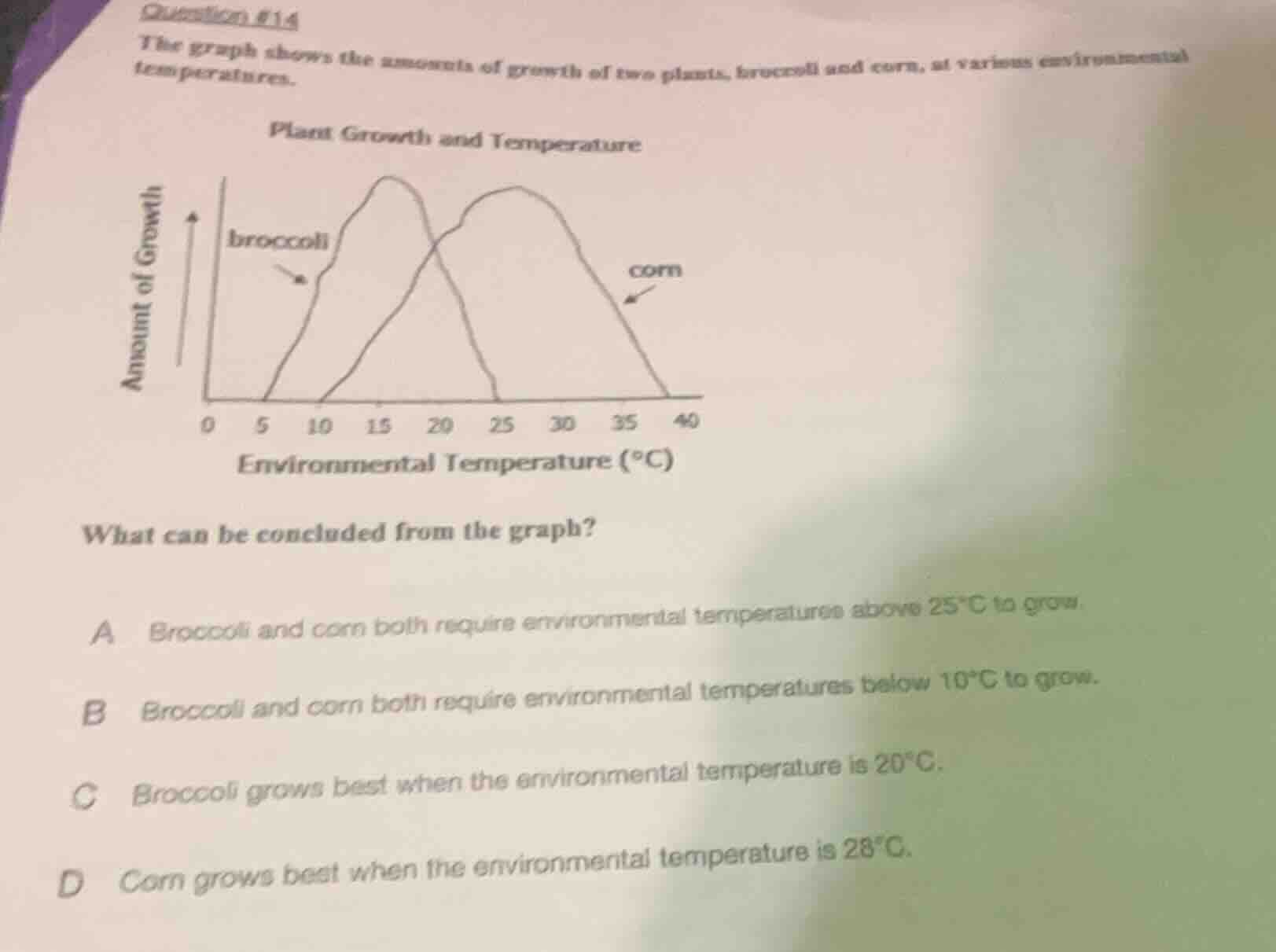 question #14 the graph shows the amounts of growth of two plants, brocc…
