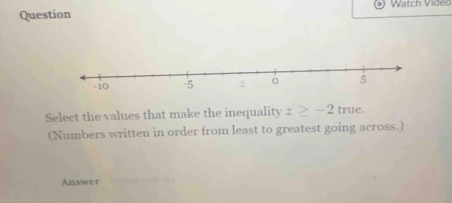 question select the values that make the inequality ( z geq -2 ) true. …