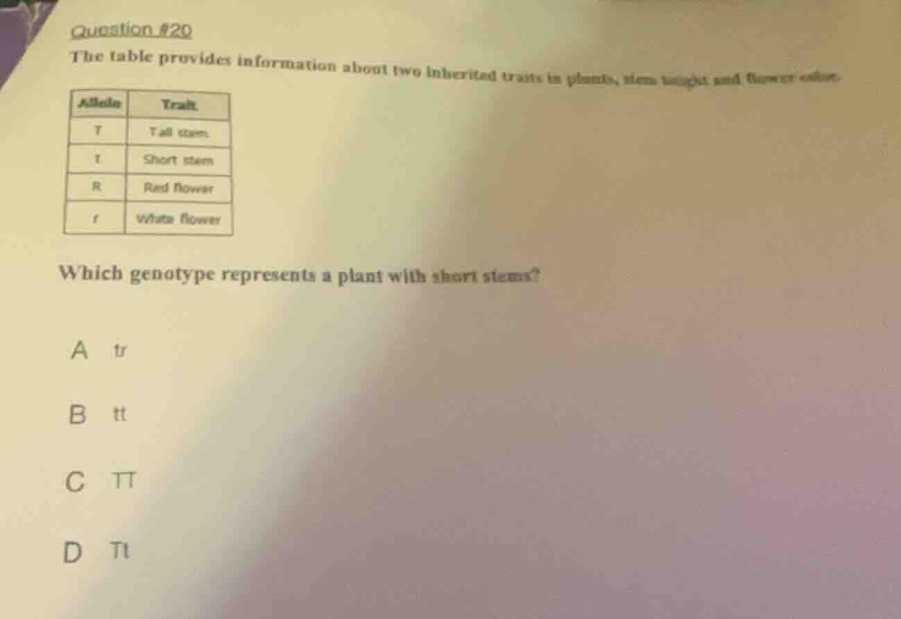 question #20 the table provides information about two inherited traits …