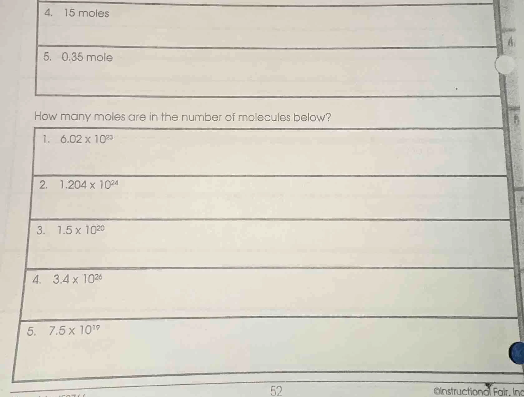 4. 15 moles 5. 0.35 mole how many moles are in the number of molecules …