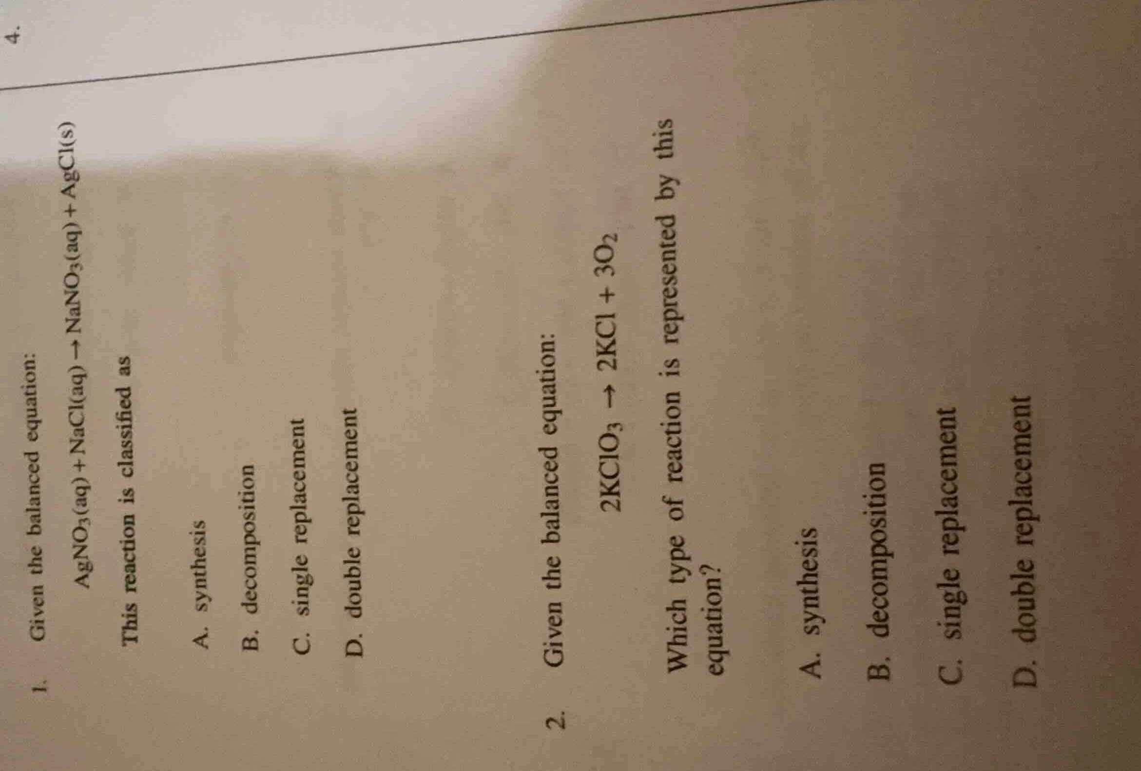 4. 1. given the balanced equation: agno₃(ad) + nacl(ad) → nano₃(ad) + a…