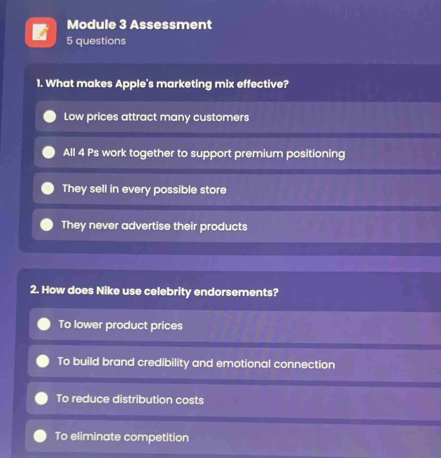 module 3 assessment 5 questions 1. what makes apples marketing mix effe…