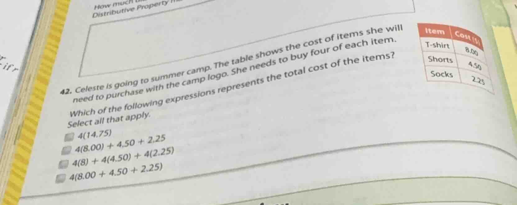 42. celeste is going to summer camp. the table shows the cost of items …