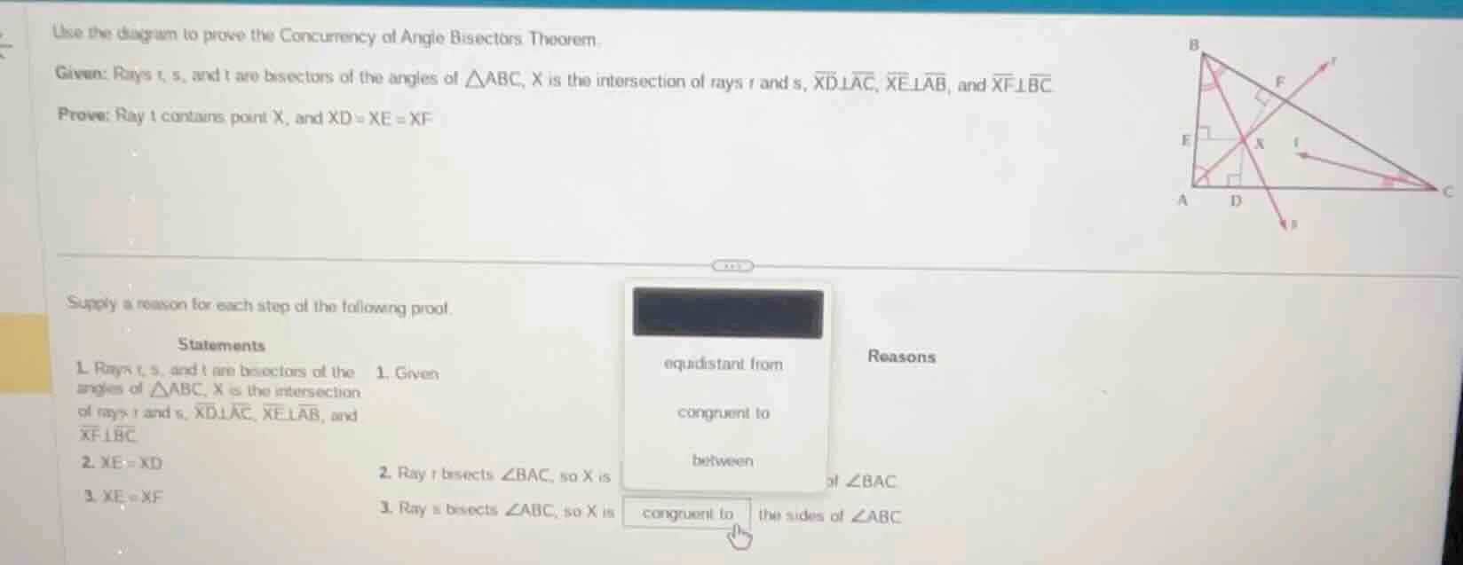 use the diagram to prove the concurrency of angle bisectors theorem. gi…