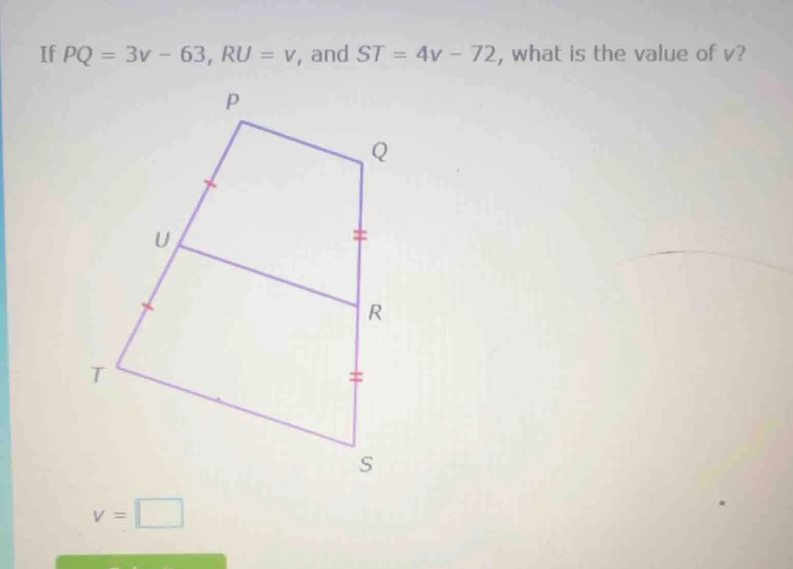 if $pq = 3v - 63$, $ru = v$, and $st = 4v - 72$, what is the value of $…