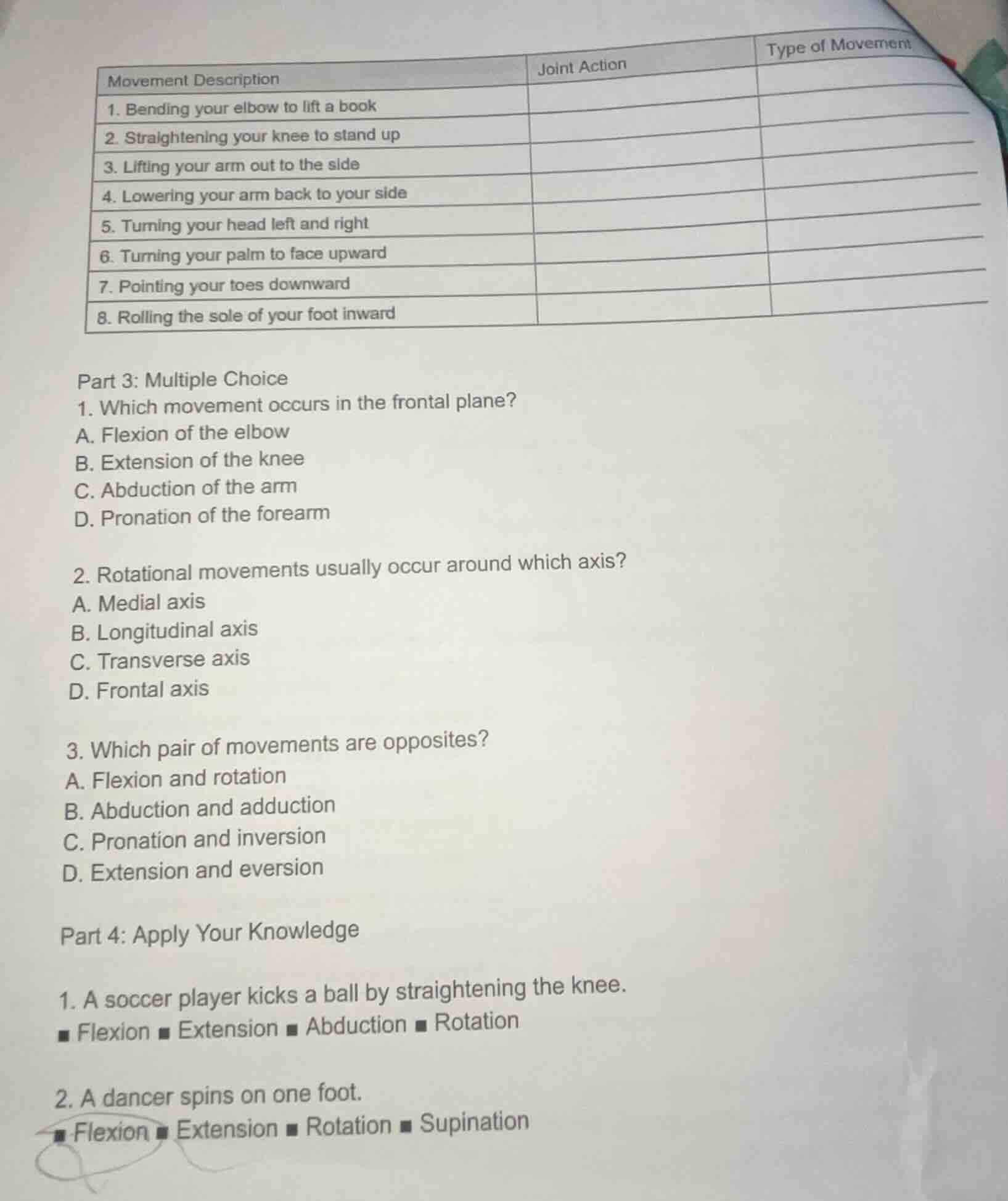 movement description joint action type of movement 1. bending your elbo…