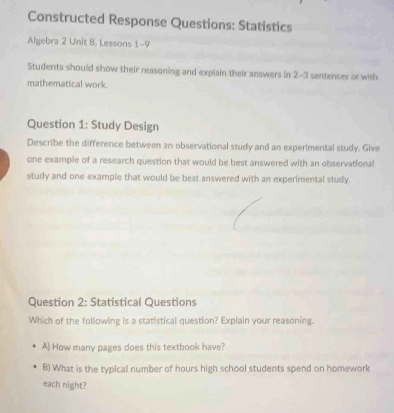 constructed response questions: statistics algebra 2 unit 8, lessons 1–…